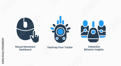 User behavior analytics icons: Mouse Movement Dashboard, Heatmap Flow Tracker, Interaction Behavior Insights. Visuals for website analytics, UX research, and digital marketing.