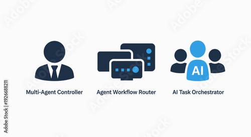 AI and automation icons: Multi-Agent Controller, Agent Workflow Router, AI Task Orchestrator. Symbols for artificial intelligence, robotics, and system management.