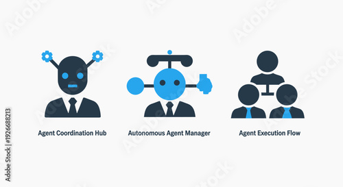Agent management icons: Agent Coordination Hub, Autonomous Agent Manager, Agent Execution Flow. Concepts for AI coordination, autonomous systems, and workflow automation.