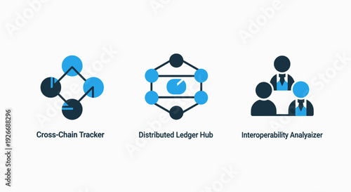 Blockchain and distributed ledger icons: cross-chain tracker, hub, and interoperability analyzer for decentralized finance and network connectivity.