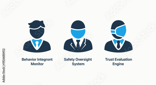Trust and safety icons: behavior monitor, oversight system, and evaluation engine, representing corporate compliance, security protocols, and risk assessment.