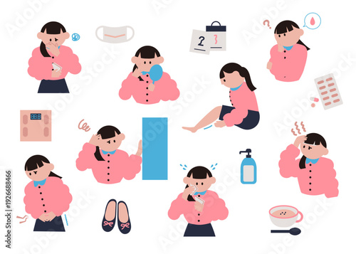 体調不良や妊娠中にある様々な症状とアイコンのイラストセット