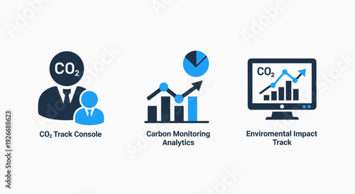 Modern flat icons representing carbon tracking, analytics, and environmental impact monitoring for business technology and sustainability dashboards.