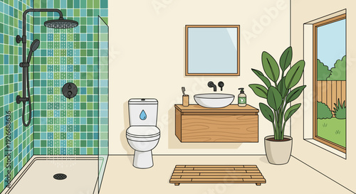 Modern bathroom interior cartoon vector illustration with a tiled walk-in shower, toilet, wooden vanity, and a large houseplant by a bright window