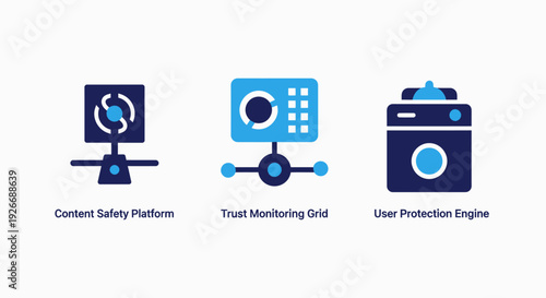 Collection of modern flat icons for digital security, trust monitoring, and user protection platforms, representing data safety and network integrity.