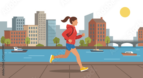 Young athletic woman in red hoodie jogging along a city river embankment with a modern urban skyline in the background, a flat vector illustration of a healthy lifestyle