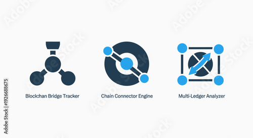 Modern vector icons representing blockchain bridges, chain connectors, and multi-ledger analysis for secure and interoperable digital asset management.