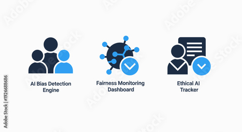 Collection of flat icons for ethical AI development, featuring bias detection, fairness monitoring, and compliance tracking for responsible technology solutions.