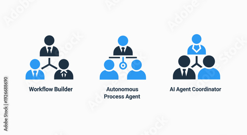 Business icon set illustrating workflow building, autonomous process agents, and AI coordination for efficient team management and automated operations.