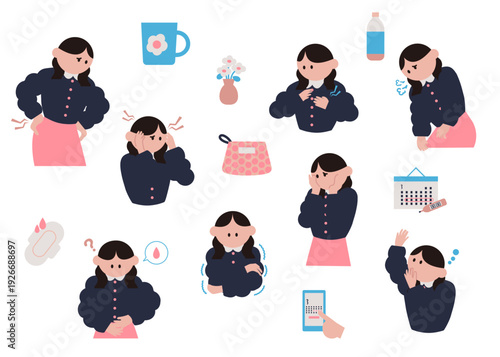 体調不良や妊娠中にある様々な症状とアイコンのイラストセット