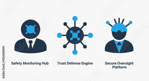 Security and oversight icons: safety monitoring hub, trust defense engine, and secure platform, representing cybersecurity, risk management, and digital protection.