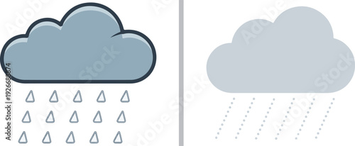 Two rainy weather icons: a cartoon-style grey cloud with defined raindrops on the left, and a soft, minimalist light grey cloud with slanted dashed rain lines on the right.