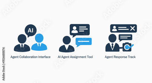 Icons representing AI agent collaboration, assignment tools, and response tracking for customer service, support, and communication platforms with a professional, modern style.