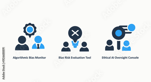 Icons for monitoring algorithmic bias, evaluating risks, and ethical AI oversight in technology and decision-making processes, using a clean, modern, professional design.