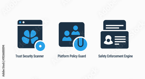Modern flat icons for trust and security concepts, including scanners, policy guards, and safety enforcement engines for digital platforms and identity verification.