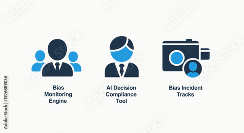 Icons for Bias Monitoring, AI Decision Compliance, and Bias Incident Tracking