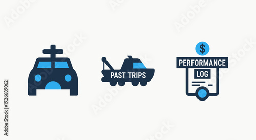 Icons for vehicle management: Car, Past Trips history, and Performance Log with dollar sign, ideal for fleet management or driving apps.