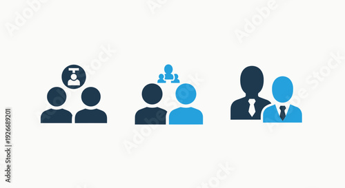 Flat icon set symbolizing business teams, hierarchy, and collaboration, featuring diverse group arrangements and leadership concepts.