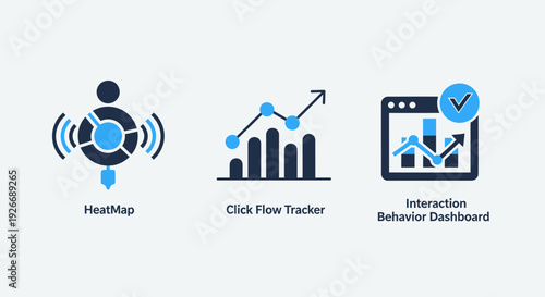 Modern flat icons for website analytics: heatmap, click flow tracker, and interaction behavior dashboard for user experience analysis.