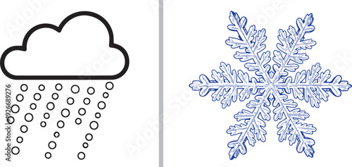 A two-pane vector illustration featuring a black outline of a cloud with falling snow circles on the left and a detailed blue crystalline snowflake on the right.