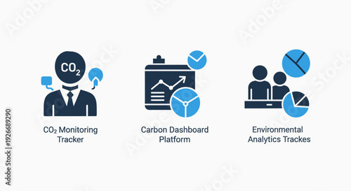 Set of flat icons for environmental monitoring and analytics: CO2 tracker, carbon dashboard, and environmental tracks for sustainability.