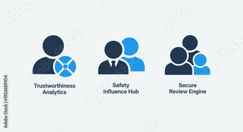 Business analytics icons: trustworthiness, safety influence, and secure review engine for trust and security management