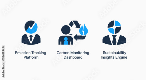 Sustainability and emission tracking icons: platform, dashboard, and insights engine for environmental reporting