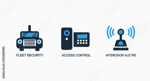 Security and control icons: fleet security, access control, and intrusion alert systems for corporate safety