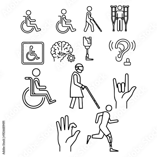 Medical Accessibility Silhouette Pack - Wheelchair Patient, Blind Man with Stick and Hearing Impairment Icons