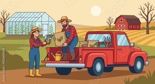 Two cartoon farmers a man and woman working together, unloading gardening supplies from a red pickup truck on their farm with a greenhouse and barn in the background