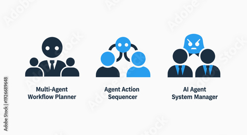 AI agent icons showcasing workflow planner, action sequencer, and system manager for technology and business concepts