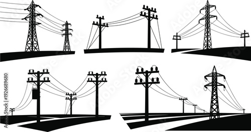 Silhouette illustration of six utility poles and transmission towers with power lines, showcasing diverse electricity distribution and transmission infrastructure designs