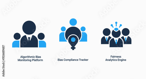 Icons for algorithmic bias monitoring, bias compliance, and fairness analytics engine in data science and ethics