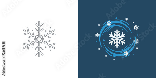 Minimalist snowflake icons featuring a clean line-art design on white and a stylized winter blizzard graphic with swirling blue wind and snow on a dark background.