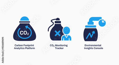 Environmental icons for carbon footprint, CO2 monitoring, and environmental insights, perfect for sustainability reporting