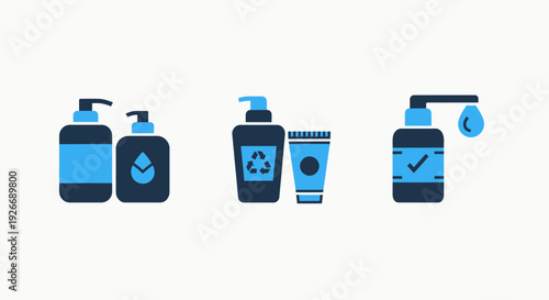 Skincare and Personal Care Product Icons: Lotion, Cream, and Dropper Bottle for Beauty and Hygiene