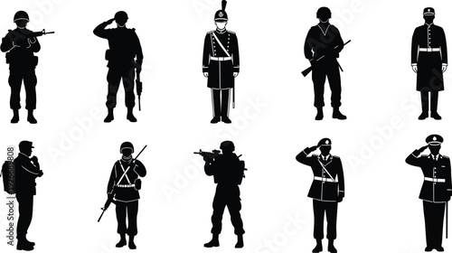 Military soldier silhouette vector set with saluting army guard rifleman and officer figures for defense security and patriotism design.