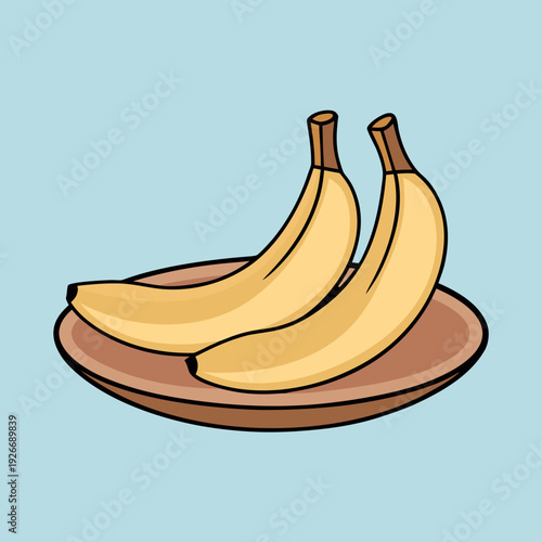 Three ripe bananas rest on a brown plate against a light blue background