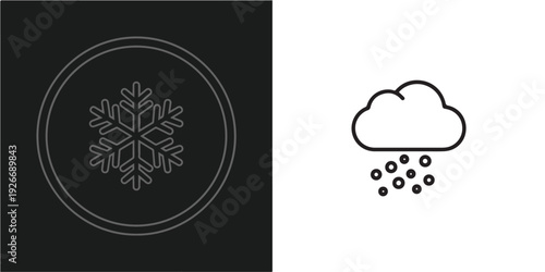 A set of two minimalist weather icons: a detailed snowflake inside a circular frame on a dark background, and a simple line art cloud with falling snow or hail on a white background.