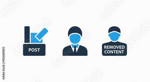 Digital Content Post, User Profile, and Removed Content Icons Representing Online Moderation and Information Management