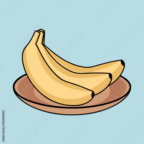 Three ripe bananas are displayed on a brown plate against a blue background