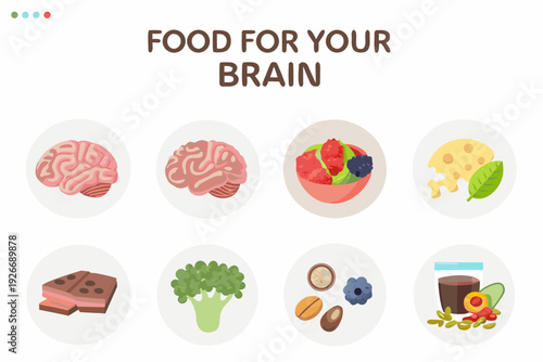 Food for brain health illustrations of beneficial foods and a brain