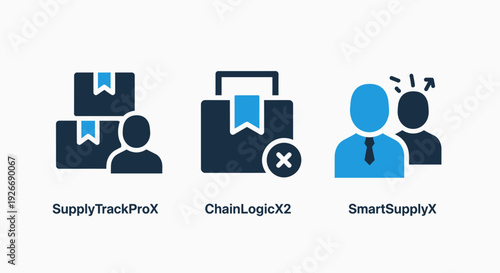 Modern flat icons for supply chain management, logistics, and business solutions, featuring boxes, people, and efficiency symbols.