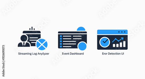 Streaming Log Analysis, Event Dashboard, and Error Detection UI Icons - Data Monitoring and Analytics Concepts