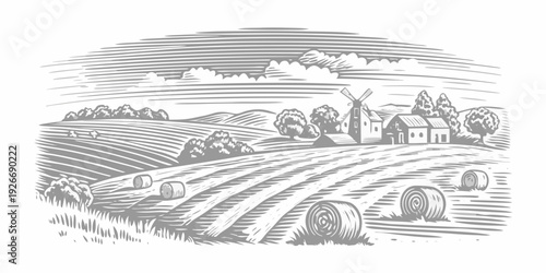 Vintage landscape with a windmill farm and rolling hills depicted in engraving