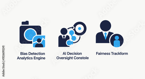AI Bias Detection Analytics, Decision Oversight Console, and Fairness Tracking Icons for Ethical Artificial Intelligence Systems.