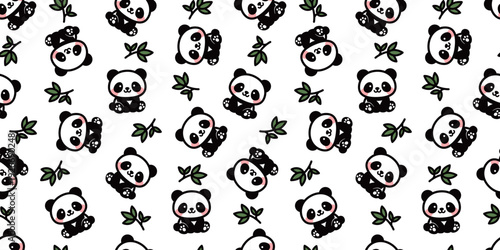 かわいいパンダと笹の葉のシームレスパターン｜動物キャラクター背景素材　Cute Panda and Bamboo Leaves Seamless Pattern / Animal Background
