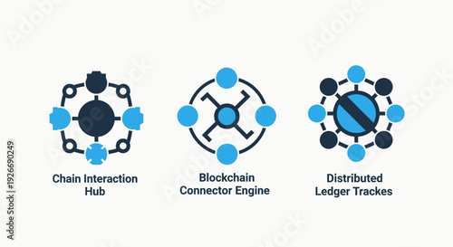 Blockchain Connector Engine, Distributed Ledger, and Chain Interaction Hub Icons for Decentralized Network and Secure Data Management.