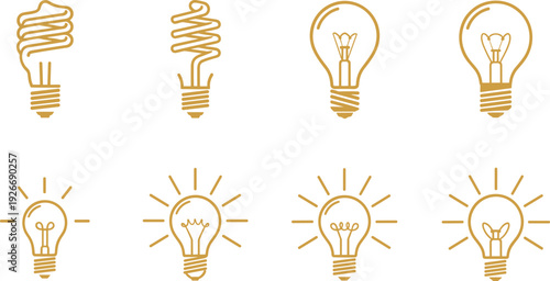 Golden Light Bulb Icon Set Featuring Energy Saving Spiral Lamps and Traditional Incandescent Bulbs for Innovation, Creativity, Idea Generation, and Electricity Solutions