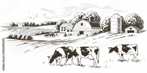 Vintage sketch depicts a peaceful rural scene with a farmhouse and grazing cows